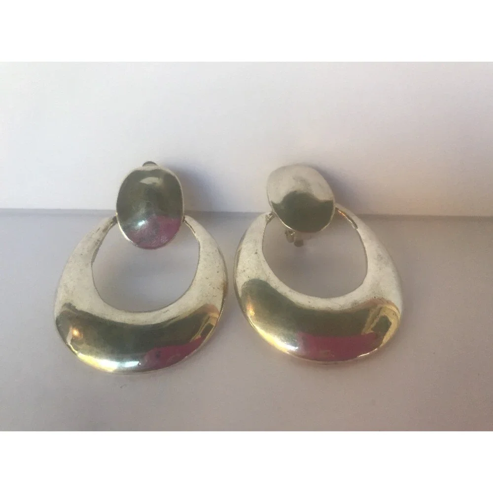 Earrings 1980's look silver tone clip‎ on round circles Dangle Two Tier Chunky